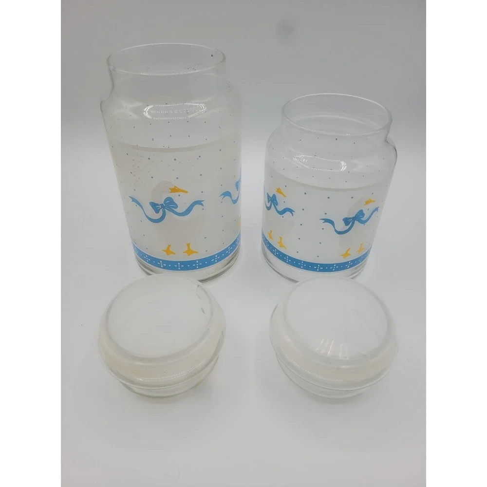 Vintage Country Goose Glass Canister Set Blue Ribbon Farmhouse Kitchen Jars 2pc